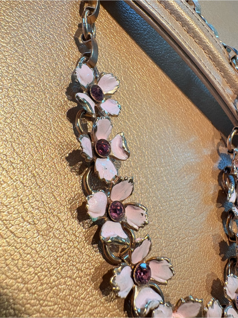 Antique Pink Dogwood Floral Amethyst Purple Crystal Statement Necklace Gold - Picture 2 of 6